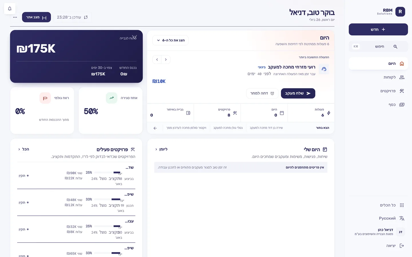 מרכז השליטה של RBM CRM — לידים, פרויקטים ותשלומים